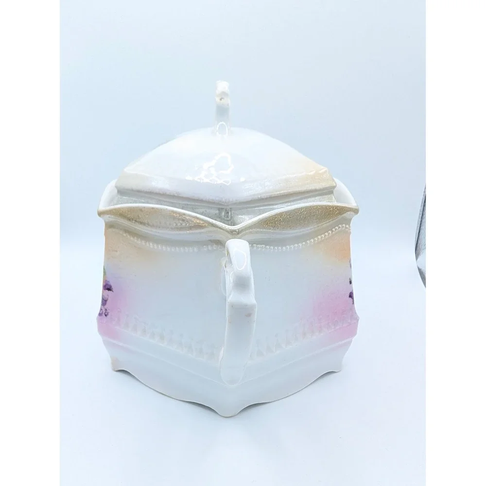 Antique Germany Porcelain Lidded Sugar Bowl Purple Violets Hydrangea Gold Luster